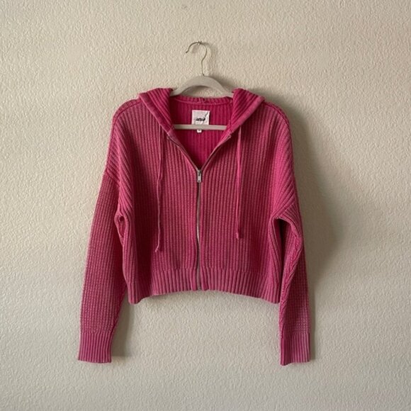 aerie Cropped Sweater Washed Look Ribbed Zip Up Hoodie - Picture 3 of 15